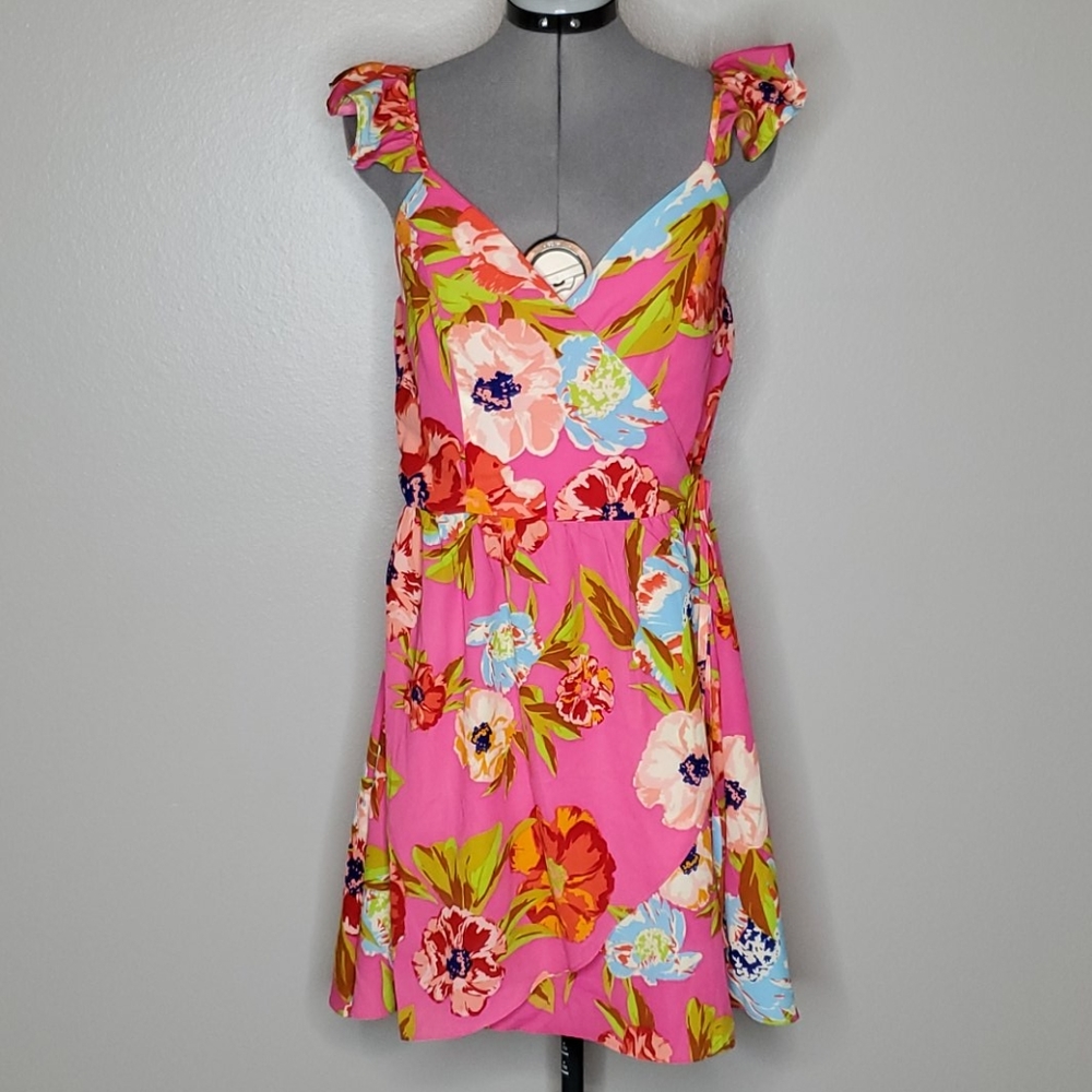 GB hot pink floral wrap dress with flutter sleeve
